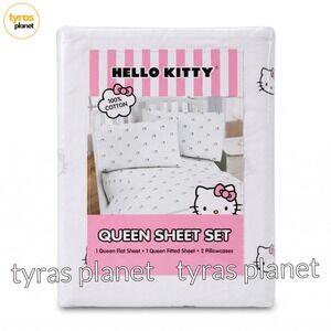 Sanrio Hello Kitty 100% Cotton 4 Pc Queen Sheet Set White Pink Bedding